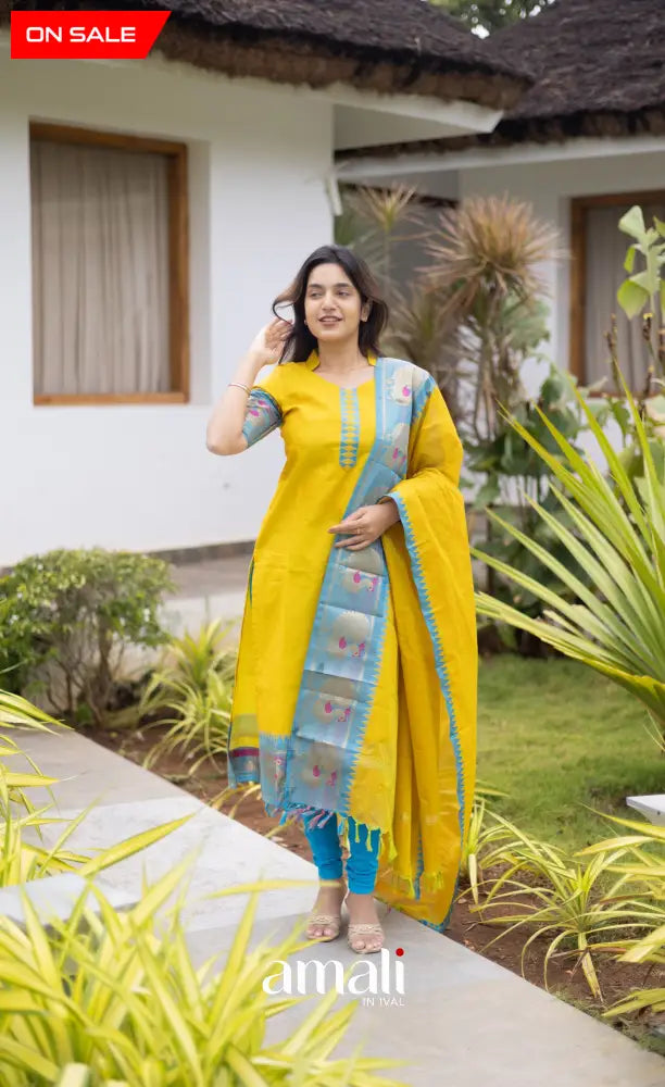 Meera Cotton Salwar Yellow shade and Sky Blue tone Plus Size salwar